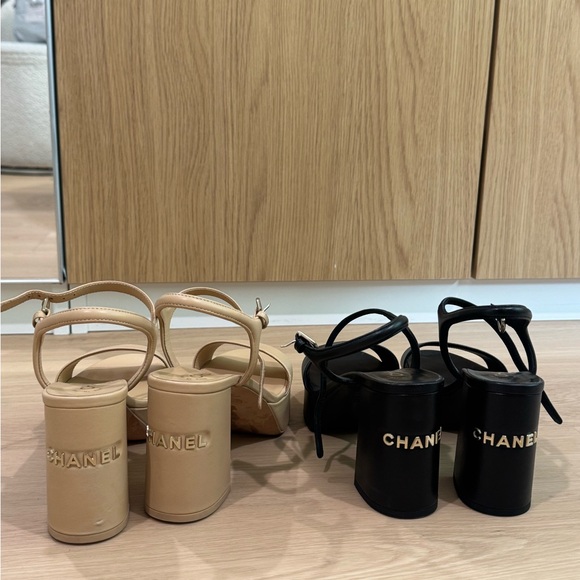 CHANEL Shoes - Chanel Lambskin Logo Platform Sandals Beige
